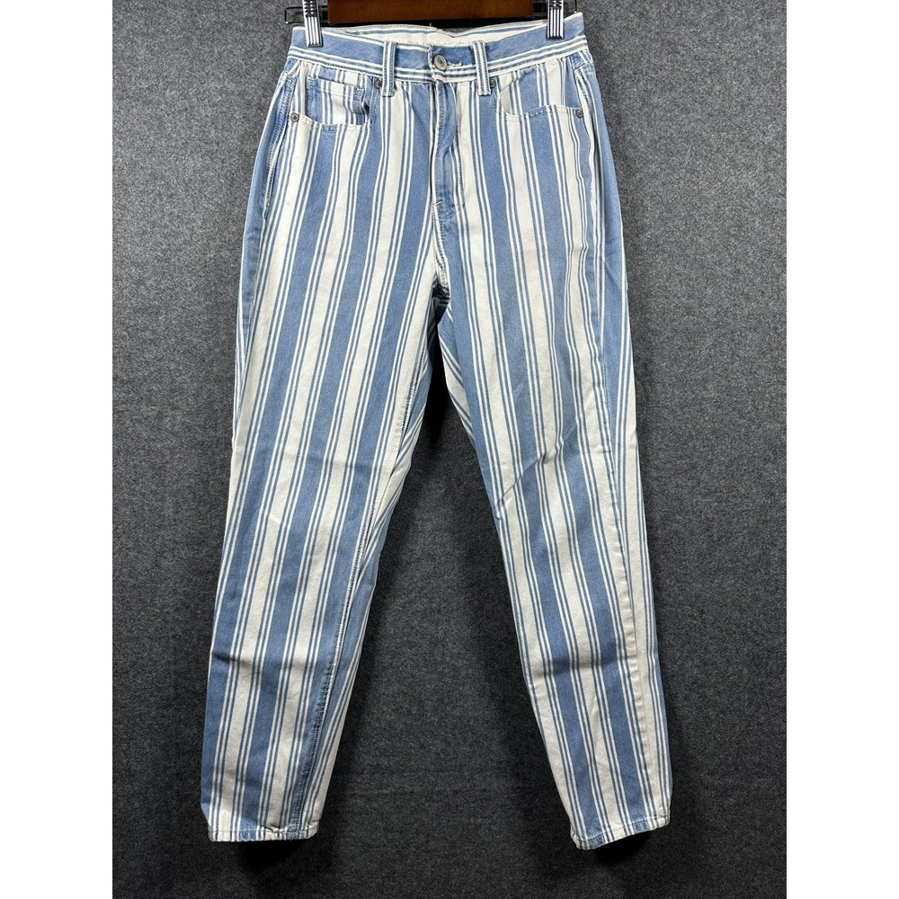 American Eagle Women's Striped Mom Jeans Size 2 Blue White High Waisted Denim